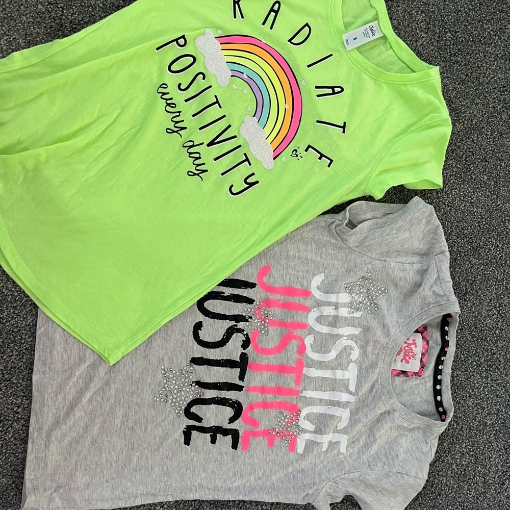 Size 10 justice tee shirt and size 8 rainbow shirt